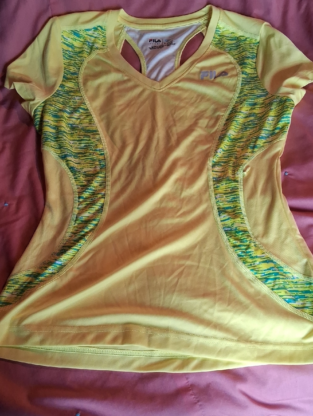 Fila Yellow V-Neck Short Sleeve Running Tee with Green Accent Panels